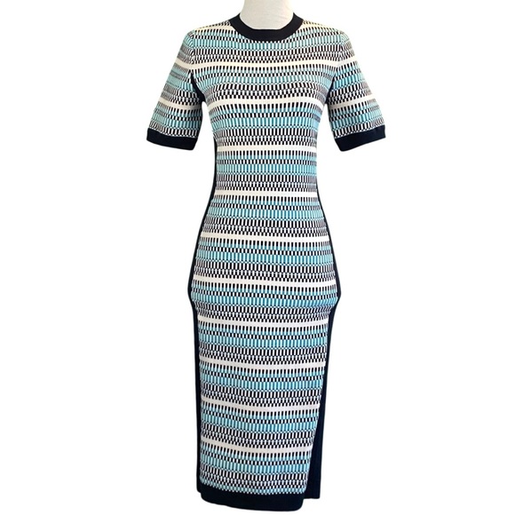 Karen Millen Half Sleeve Crew Neck Pattern Color Block Knit Sweater Dress Size M - Picture 2 of 6
